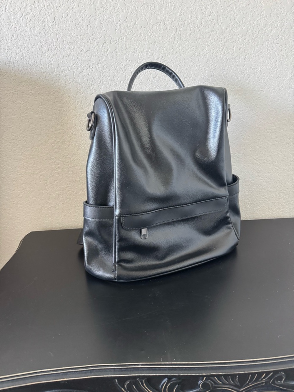 Black Anti-Theft PU Leather Backpack